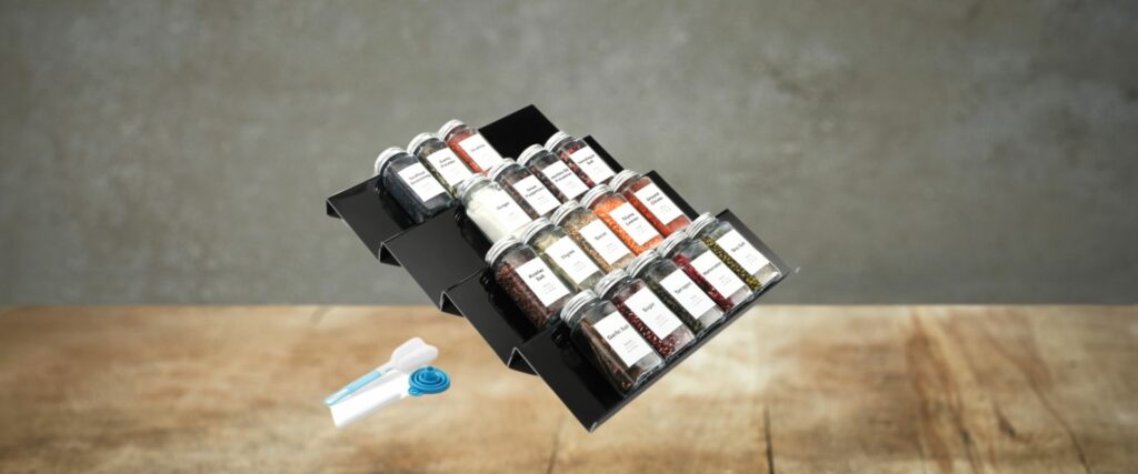 Black Spice Drawer Organiser with 28 Spice Jars, 348 Labels, Sift and Pour Shake Lids with Airtight Aluminium Caps, 4 Tier Expandable Clear Acrylic Drawer/Countertop Tray Rack from 33cm to 66cm