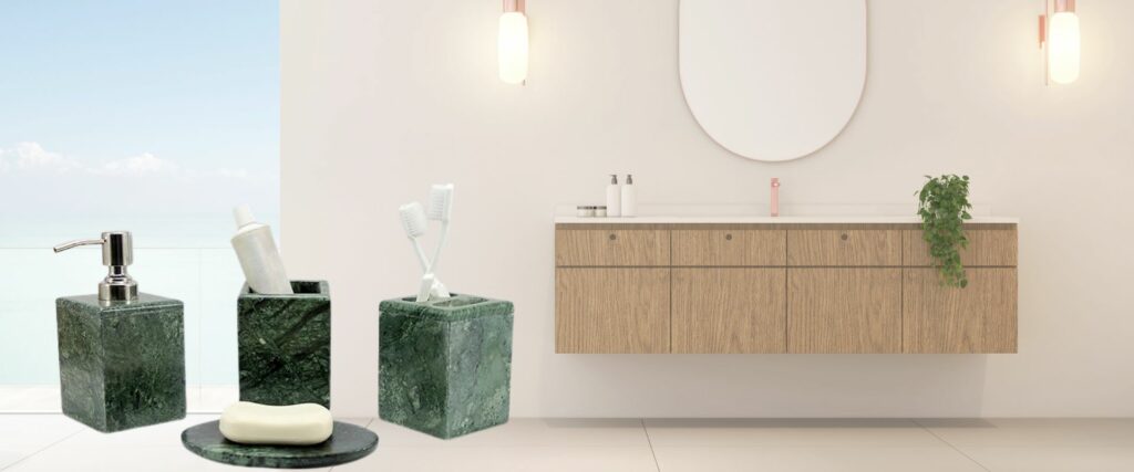 KLEO - Bathroom Accessory Set made from Natural Stone - Bath Accessories set of 4 includes Soap Dispenser, Toothbrush Holder, Tumbler and Soap Dish (Green)