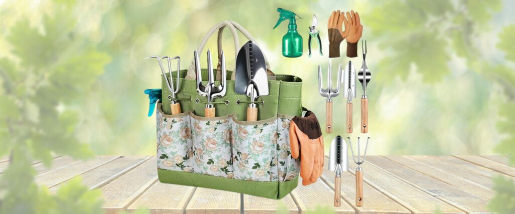 Gardening Tools Set - 9-Piece Heavy Duty Rust-Proof Tools with Fashionable Organizer Handbag, Durable Garden Tools - Ideal Gardening Gifts for Women