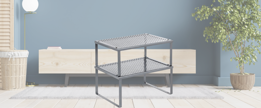 SONGMICS Set of 2 Cupboard Organisers, Kitchen Storage, Stackable, Expandable, Metal Counter Shelves, Silver KCS01SV