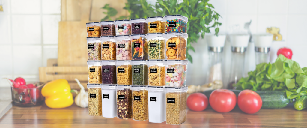 Vtopmart Set of 24 Airtight Food Storage Containers & Kitchen Storage Containers, BPA-Free Plastic Containers for Flour, Sugar and Baking Supplies, with 24 Labels (Black)