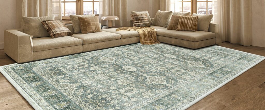HOMFINE Vintage Area Rug for Living Room - Machine Washable Rug Soft Short Pile for Bedroom Kitchen Floral Print Traditional Rug Stain Resistant, Home Decor Office Carpet, Green, 160 * 230CM