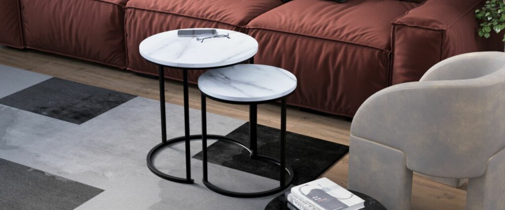 Vida Designs Brooklyn Nest of 2 Round Tables Living Room Stacking side End Tables Metal Frame (Marble)