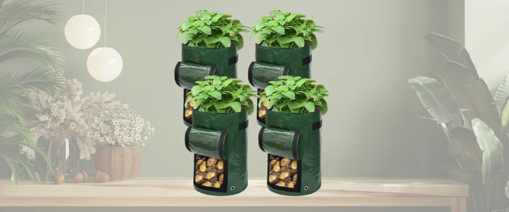 Ram® 4 Pack 7 Gallon Potato Grow Bag set. Garden Plant Bags for potatoes, carrots, tomatoes, cucumbers and other Vegetables. Made in Green Polyethylene Complete