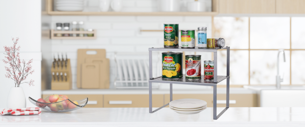 HAITRAL Shelf Insert in Kitchen Cupboard, 2 Pack Expandable and Stackable Organizer, Kitchen Shelves in Cupboard Worktop Storage Space Solution for Spice, Can, Herb (Silver)