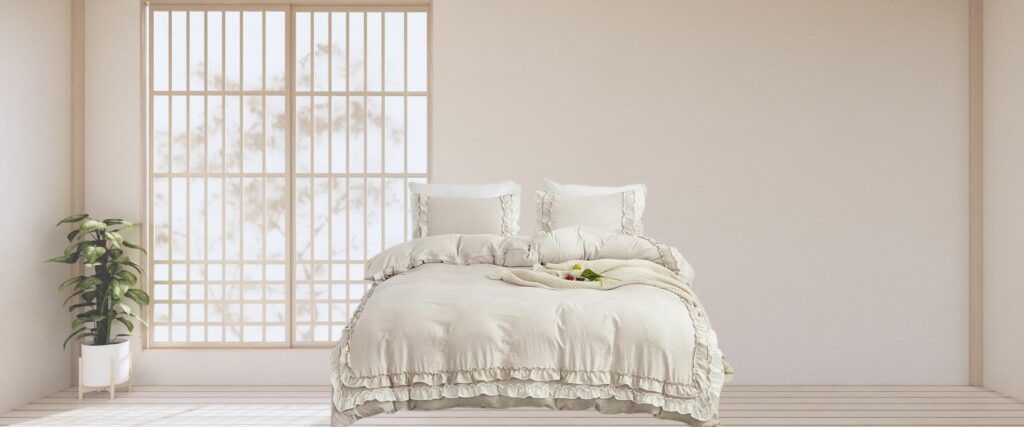 Herside Beige Grey Ruffle Duvet Cover King Boho Bedding 2 Layers Beige White Ruffle Design Shabby Chic Bedding Sets 1 Quilt Cover 2 Pillowcases (White-Beige Grey, King)