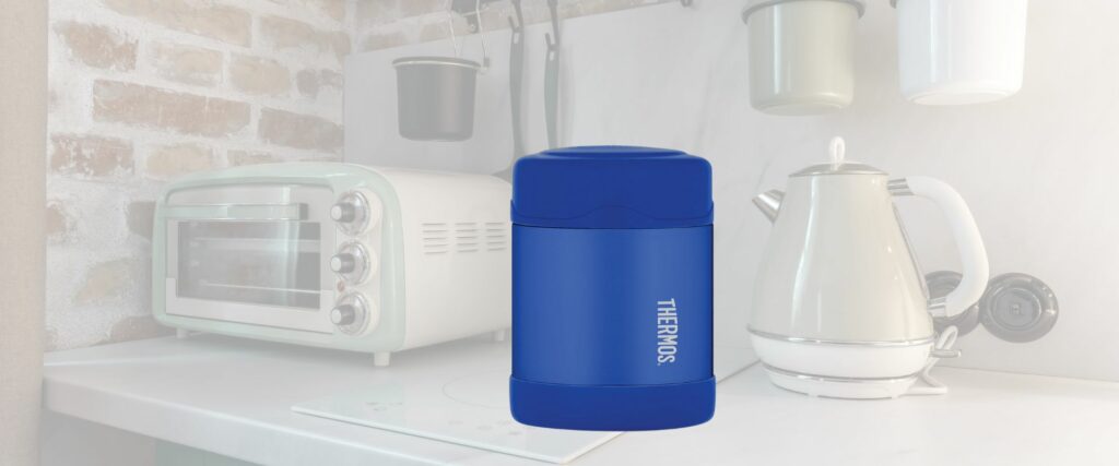 Thermos - Blue Kids Food Flask (290ml) - BPA Free, Stainless Steel, Spill Proof, Thermal Flask with Personalised Name Labels for Lunch Box, 5 Hours Hot & 7 Hours Cold