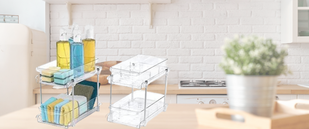 FiNeWaY Set of 2 Under Sink Storage Kitchen Organiser- 2 Tier Sliding Multipurpose Storage Unit - Adjustable Dividers For Versatile Use - Perfect For Storing Kitchen Supplies, Spices, Snacks,Skincare