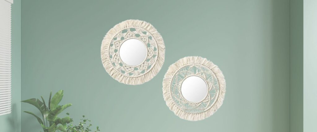 Mkono Hanging Wall Mirror with Macrame Fringe 2 Set Small Round Decoratic Boho Antique Mirror for Apartment LivingRoom Bedroom Baby Nursery,Beautiful Gift Ideas